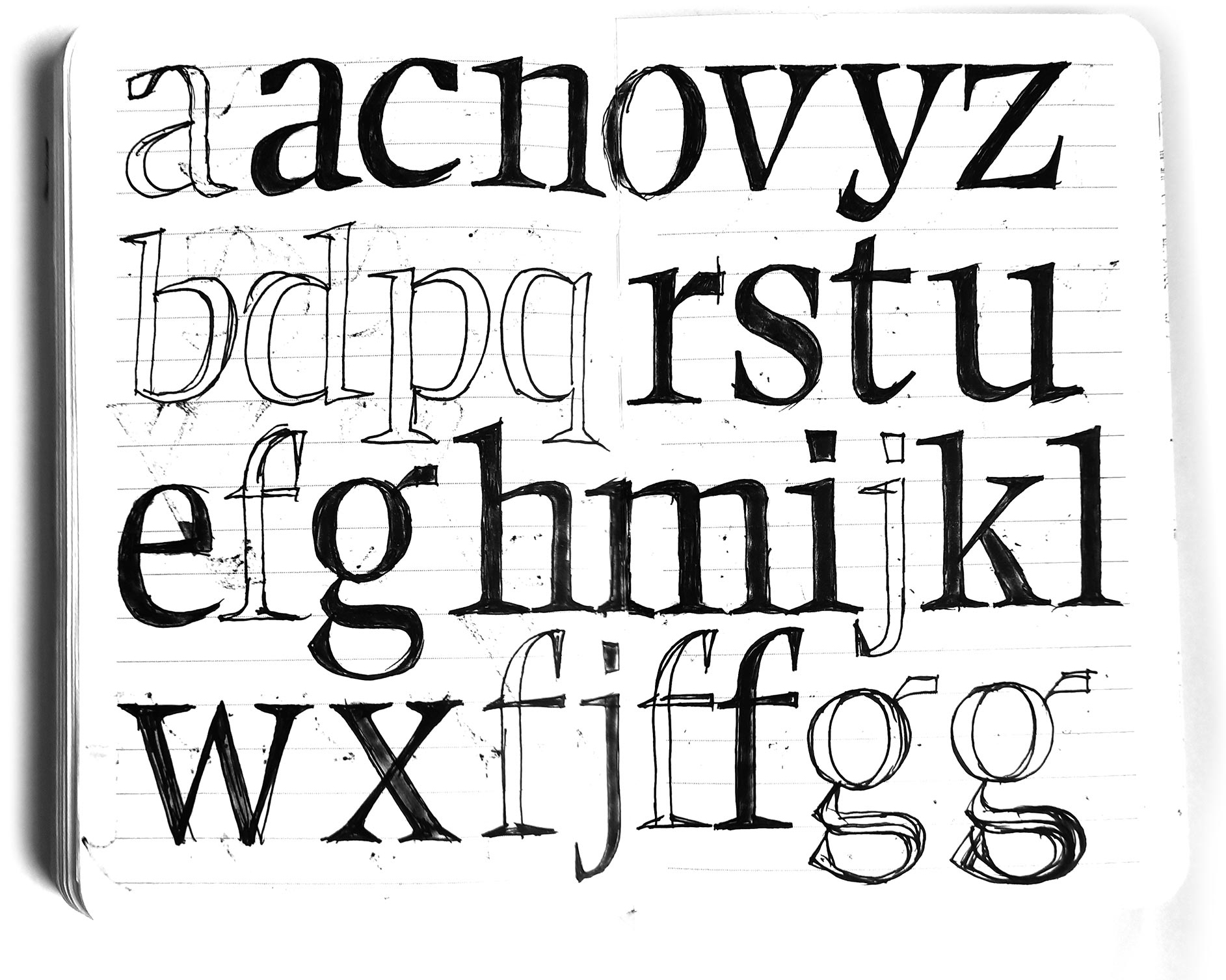 Manually drawn alphabet of lowercase letters