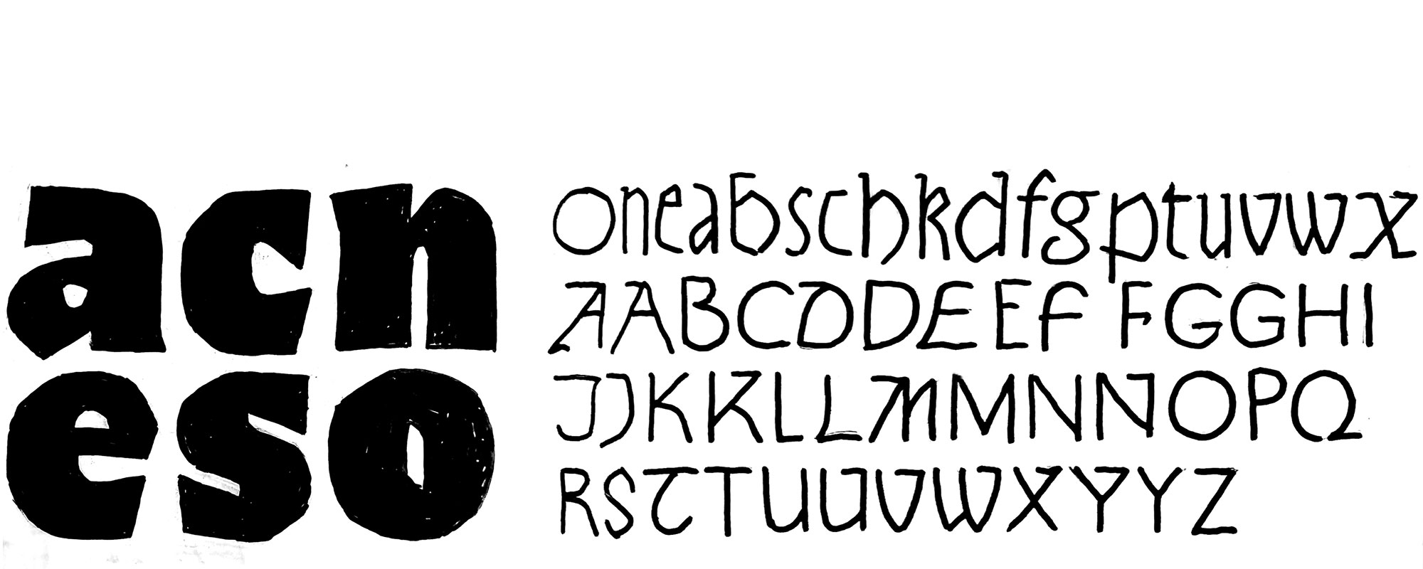 Manual type sketches of six very fat letters an a very thin alphabet