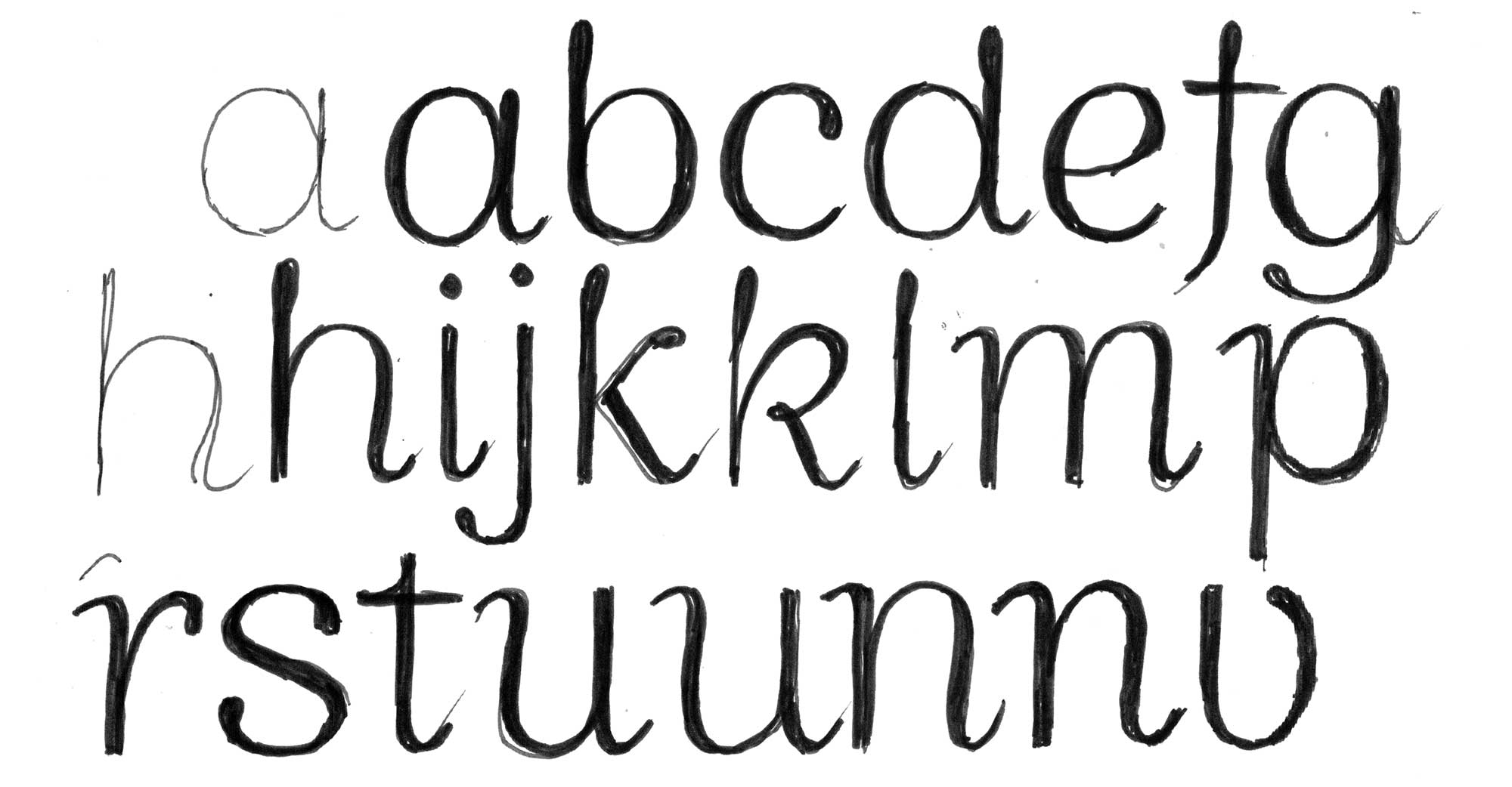 Very thin manual type sketches of the letters a to v